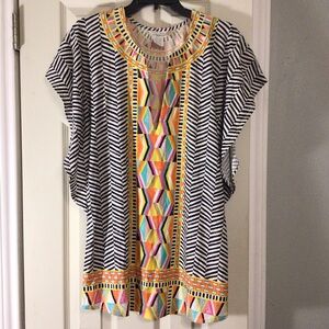 🛼🥁🧩 Trina Turk stripe blouse multimedia print